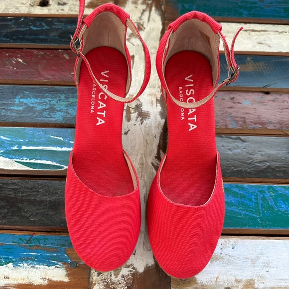 Red Espadrille Wedges with Ankle Strap - Picture 2 of 7